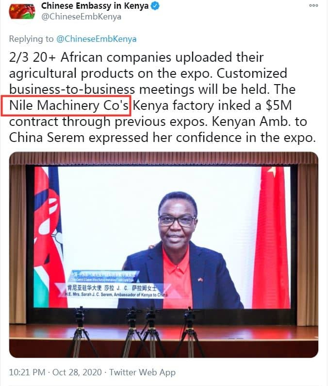 Chinese Embassy in Kenya tweets about Nile Machinery Co;ltd's Performance in China-Africa Digital Expo.