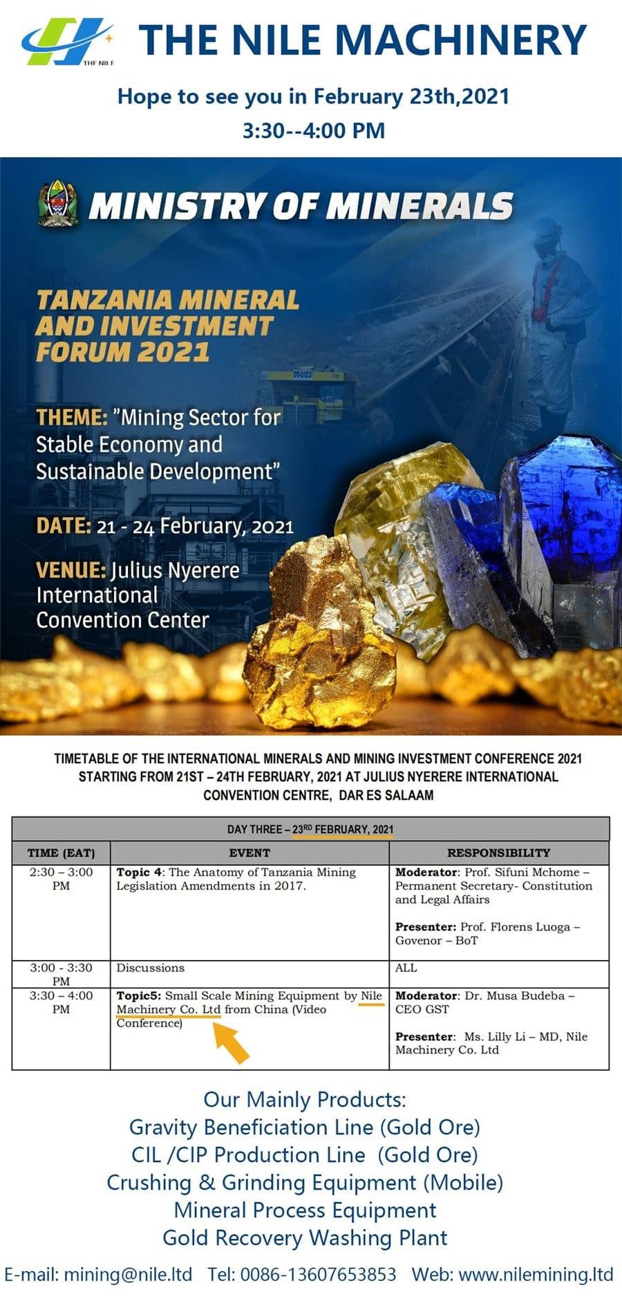 Nile Machinery will Deliver a Speech at Tanzania mining Forum on Behalf of Chinese Enterprises